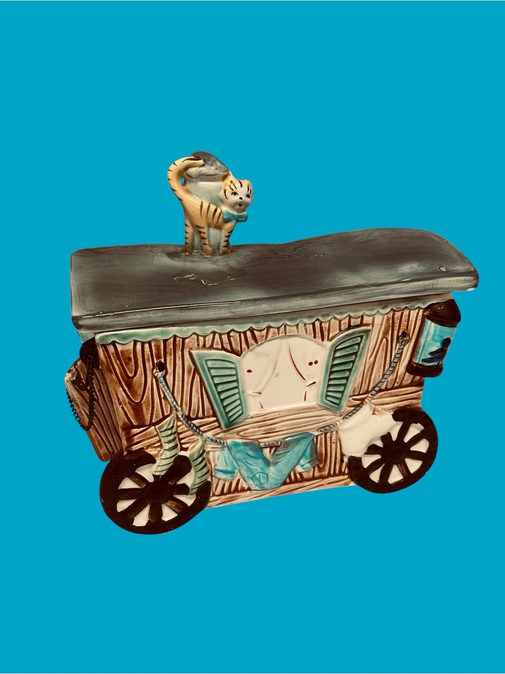 Vintage Japan Gypsy Caravan with Striped Yellow Cat Cookie Jar